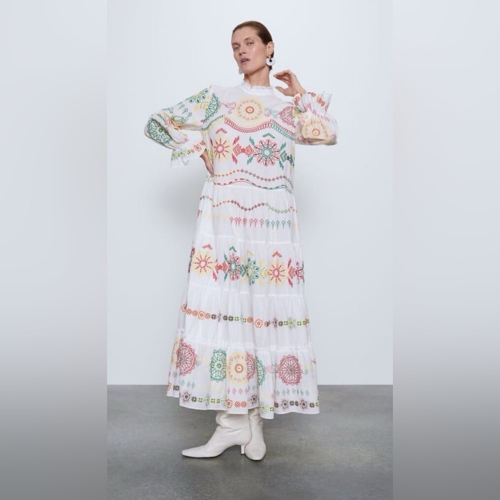 Zara White Embroidered Maxi Dress